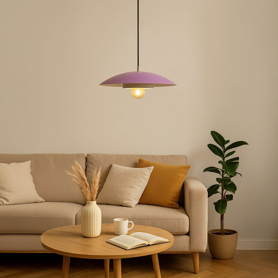 Lavender metal pendant light with soft white inner plate adding modern style to living room and dining room home decor.