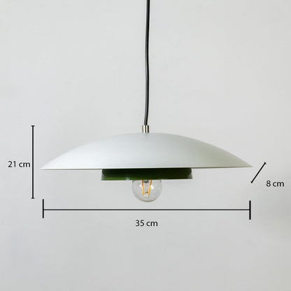White metal pendant light measuring 21 cm height and 35 cm width displayed on white background for modern home decor.