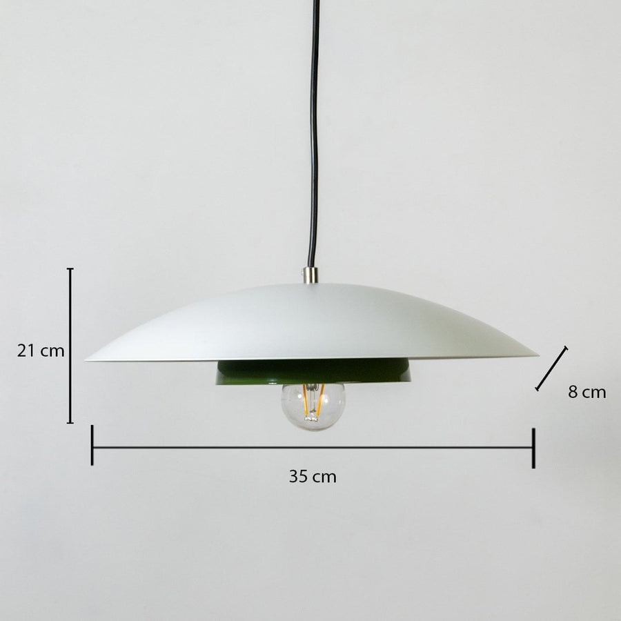 White metal pendant light measuring 21 cm height and 35 cm width displayed on white background for modern home decor.