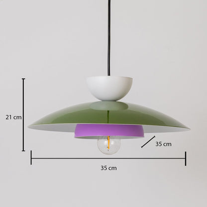 Multicolor metal pendant light measuring 21 cm height and 35 cm width displayed on white background for home decor.