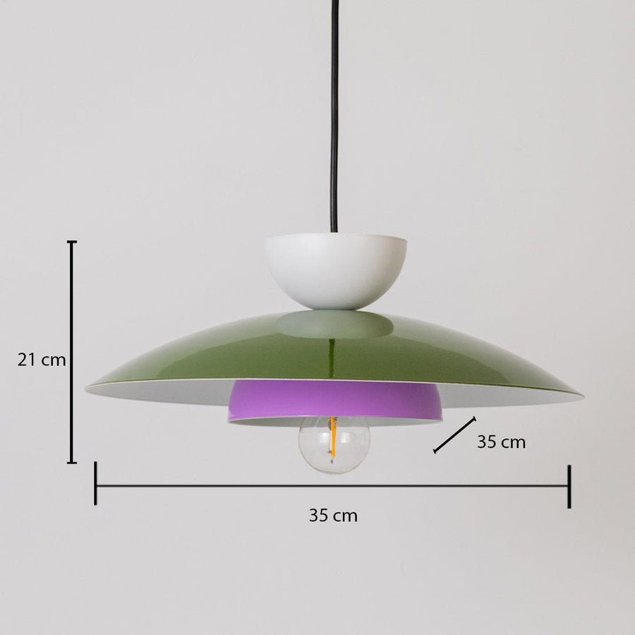 Multicolor metal pendant light measuring 21 cm height and 35 cm width displayed on white background for home decor.