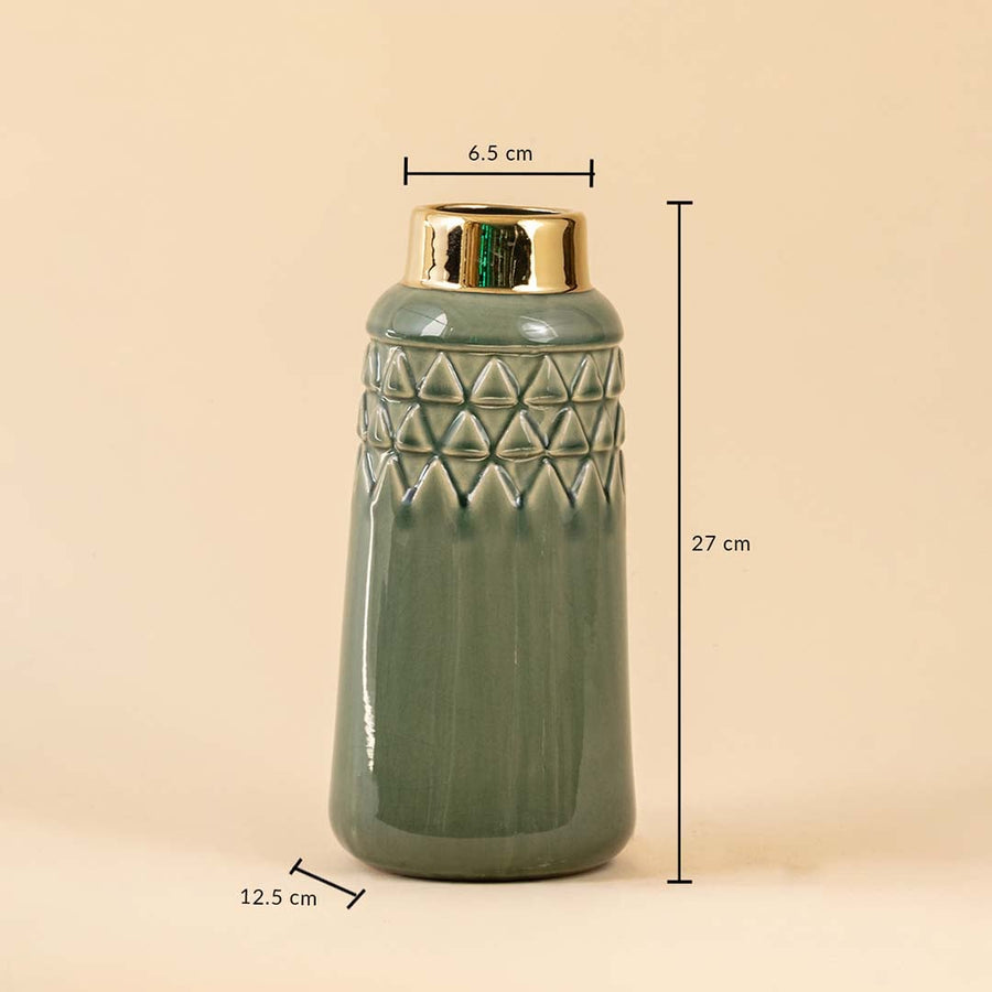 A tall green ceramic vase on a beige background with measurements clearly marked as 27 cm height 12 cm width and 6 cm top opening diameter providing exact sizing details.