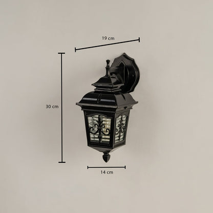Black outdoor wall lantern shown with dimensions clearly marked at 30 cm height 19 cm width and 14 cm depth for accurate outdoor lighting placement.