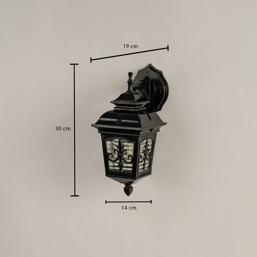 Black outdoor wall lantern shown with dimensions clearly marked at 30 cm height 19 cm width and 14 cm depth for accurate outdoor lighting placement.