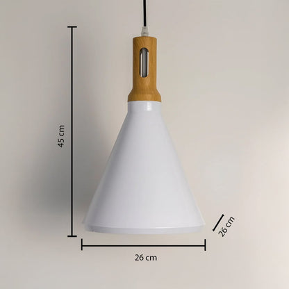 Elegant pendant light with the light on creating a warm focused glow from the cone shade and wooden accent set against a dark black background for strong contrast.