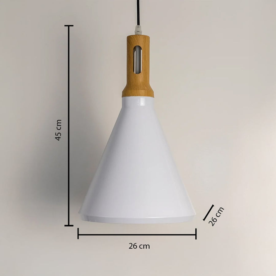 Elegant pendant light with the light on creating a warm focused glow from the cone shade and wooden accent set against a dark black background for strong contrast.