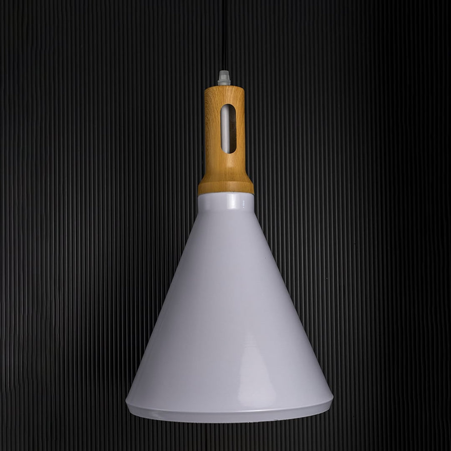 Pendant light with the light off showcasing its sleek cone shape and wooden handle detail placed against a deep black background for a bold and modern appearance.