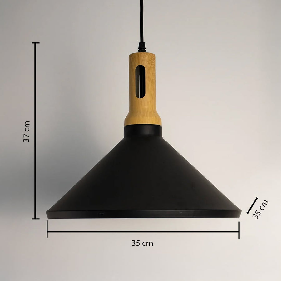 A black wood pendant light with measurements showing a 35 cm wide conical shade and 37 cm height clearly marked on a plain background for accurate sizing.