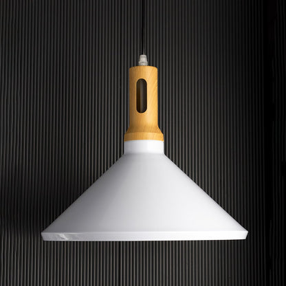Modern pendant light with white metal cone shade and gold holder shown unlit on black background for contemporary interior ceiling decor.