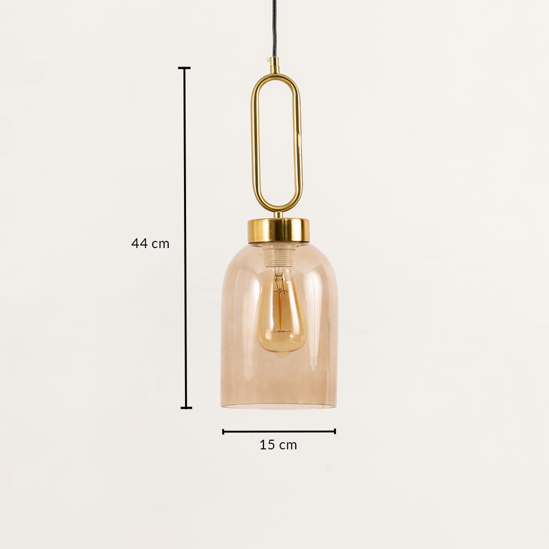 Glass pendant lamp measuring 44 cm in height and 15 cm in width designed with metal detailing to bring a modern yet classic aesthetic to interiors.