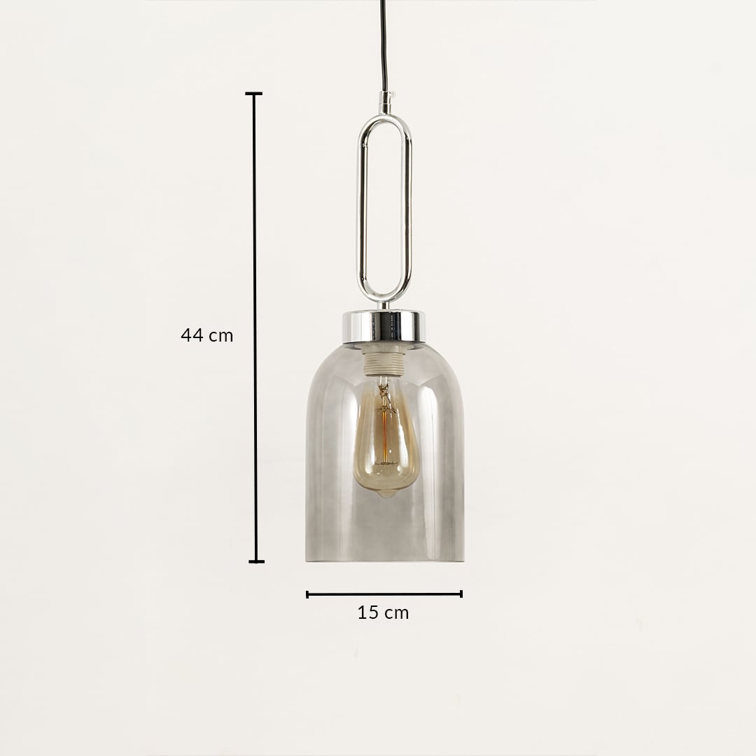 Glass pendant light measuring 44 cm in height and 15 cm in width designed to complement contemporary spaces with timeless elegance.