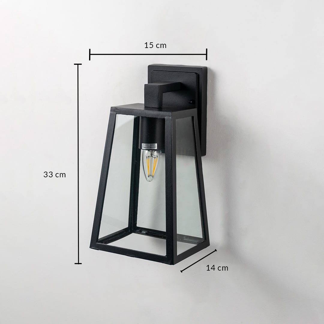 Black metal outdoor wall light with clear glass measuring 33 cm height and 15 cm width ideal for exterior wall decor.