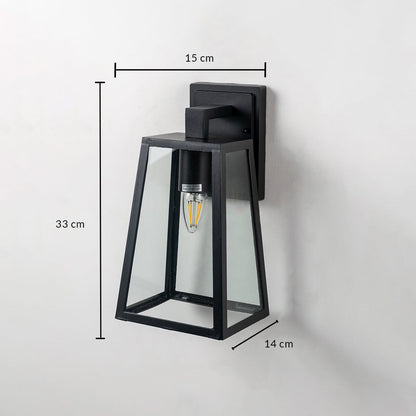 Black metal outdoor wall light with clear glass measuring 33 cm height and 15 cm width ideal for exterior wall decor.