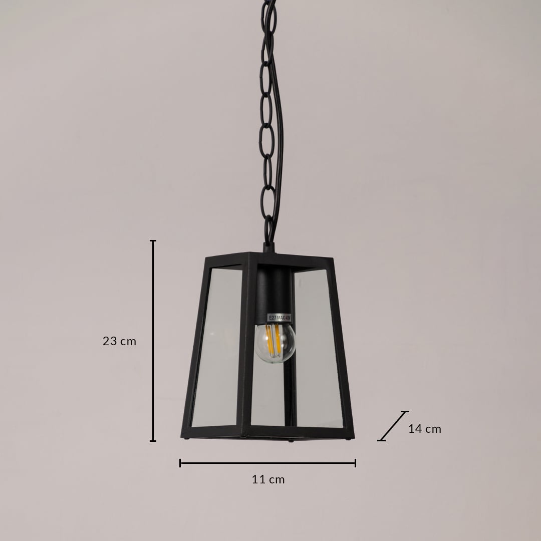 Matte black outdoor lantern light measuring 23 cm height 11 cm width and 14 cm depth ideal for garden walls and patio lighting.