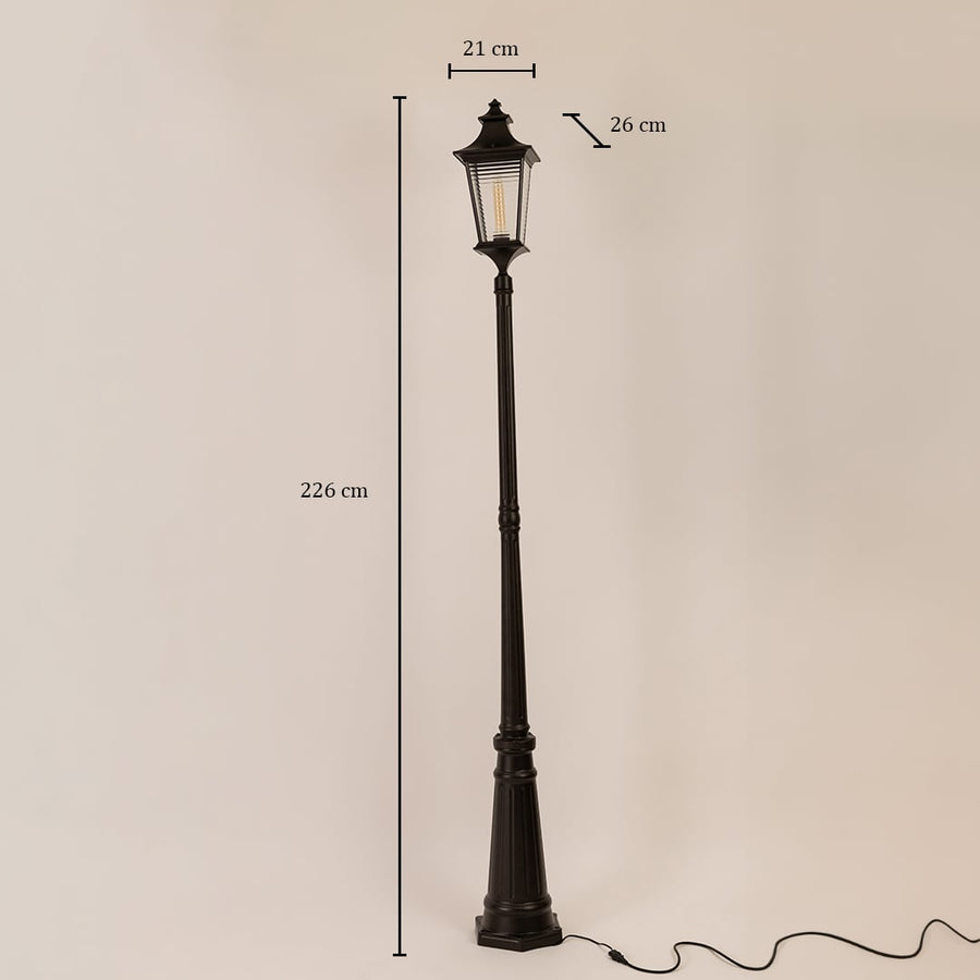 Dimension view of black metal outdoor lamp post measuring 226 cm height 21 cm width and 26 cm depth for exterior lighting.