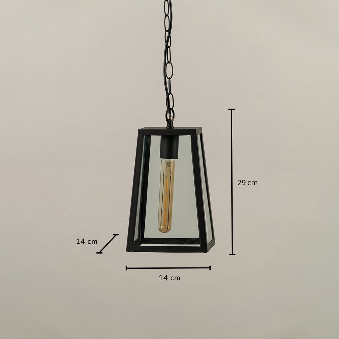 Black tapered hanging lantern with clear glass showing dimensions 29 cm height and 14 cm width offering accurate sizing for porch and balcony installations.