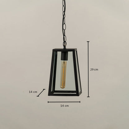 Black tapered hanging lantern with clear glass showing dimensions 29 cm height and 14 cm width offering accurate sizing for porch and balcony installations.
