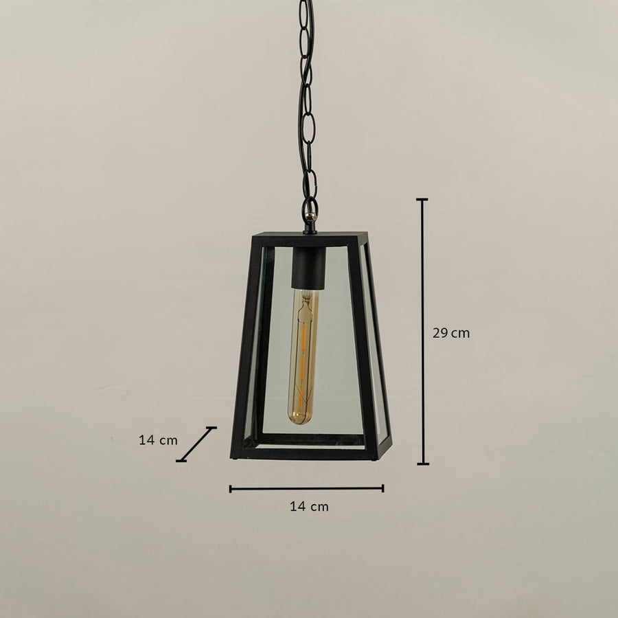 Black tapered hanging lantern with clear glass showing dimensions 29 cm height and 14 cm width offering accurate sizing for porch and balcony installations.