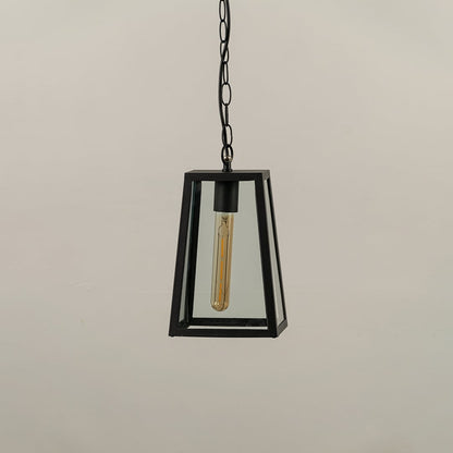 Black tapered hanging lantern on white background with light off displaying clear glass panels and minimal metal frame suitable for contemporary exterior decor.