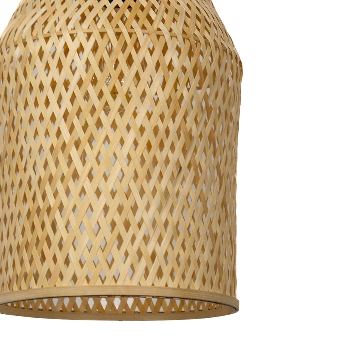 Closeup of woven bamboo pendant light with tall cylindrical wicker shade designed for rustic bohemian home decor.