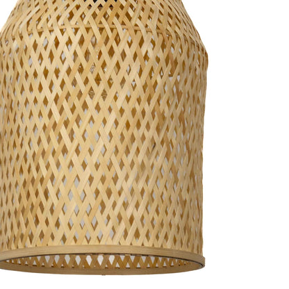Closeup of woven bamboo pendant light with tall cylindrical wicker shade designed for rustic bohemian home decor.