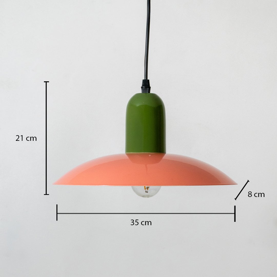 Coral and green metal pendant light dimension image with 35 cm width and 21 cm height for contemporary dining placement.
