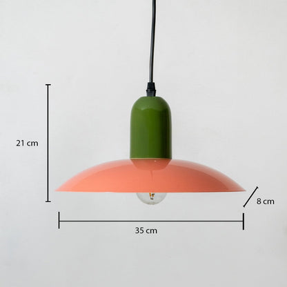 Coral and green metal pendant light dimension image with 35 cm width and 21 cm height for contemporary dining placement.