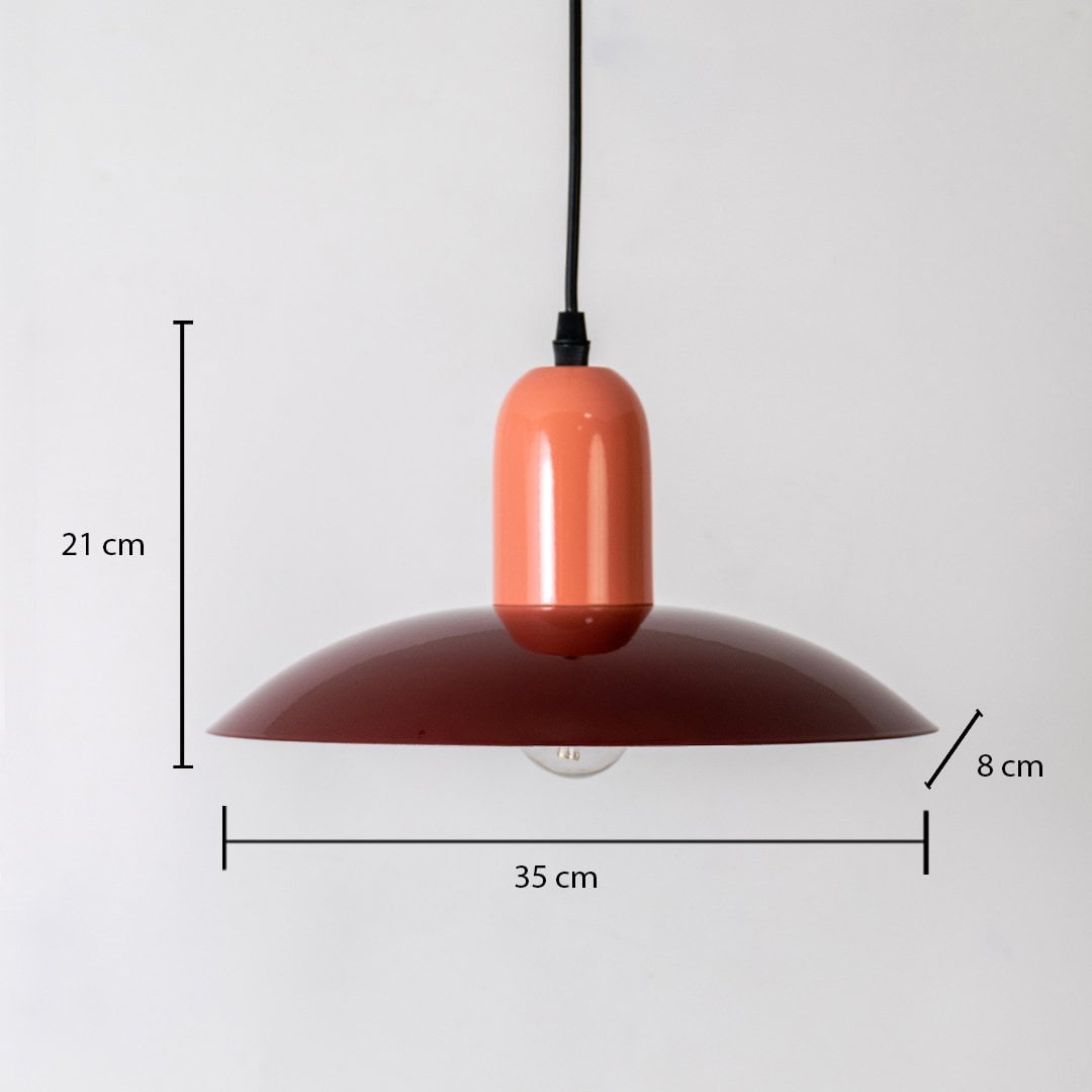 Red metal pendant light measuring 21 cm height and 35 cm width shown on white background for modern home decor.