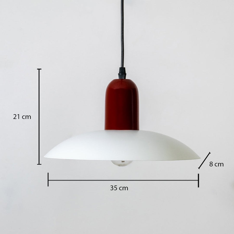 White and burgundy metal pendant light dimension image with 35 cm width and 21 cm height for vibrant dining room placement.