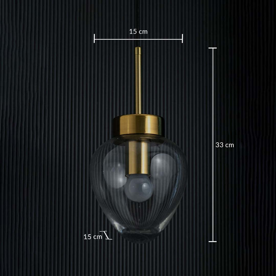 Heart-shaped glass pendant light with gold fitting shown on a dark background with measurements of 15 cm width and 33 cm height.
