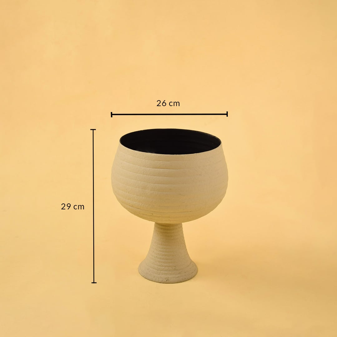 Cream metal pedestal bowl decor with width 26 cm and height 29 cm shown clearly for accurate size reference.