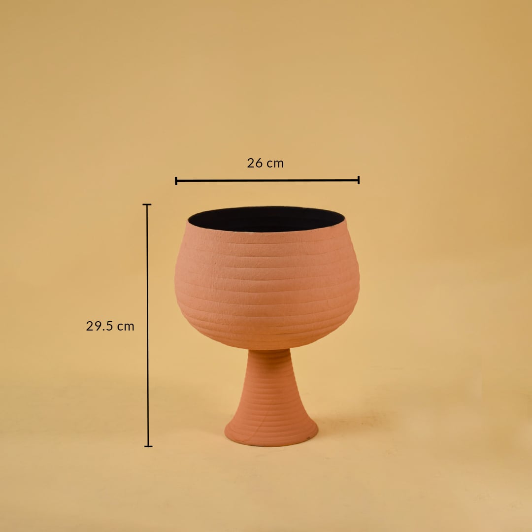 Terracotta metal pedestal bowl decor with width 26 cm and height 29.5 cm shown clearly for accurate size reference.