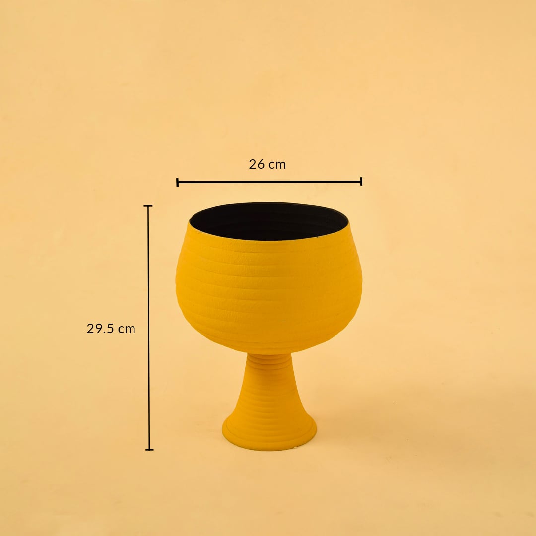 Yellow metal pedestal bowl decor with width 26 cm and height 29.5 cm shown clearly for accurate size reference.