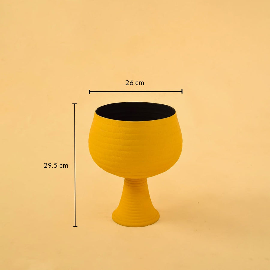 Yellow metal pedestal bowl decor with width 26 cm and height 29.5 cm shown clearly for accurate size reference.