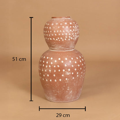 Brown terracotta polka dot decorative vase shown with 51 cm height and 29 cm width for accurate placement in modern home decor settings.