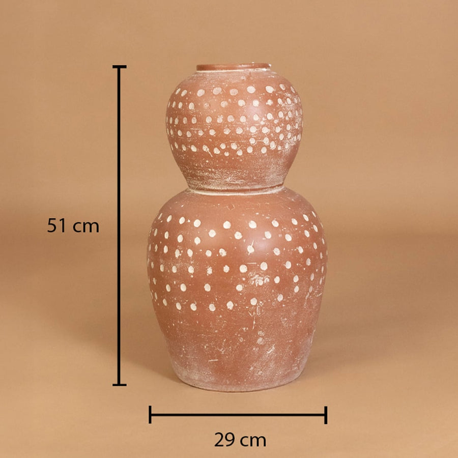 Brown terracotta polka dot decorative vase shown with 51 cm height and 29 cm width for accurate placement in modern home decor settings.