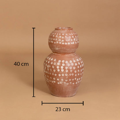Brown terracotta polka dot decorative vase shown with 40 cm height and 23 cm width for accurate placement in modern home interior decor settings.