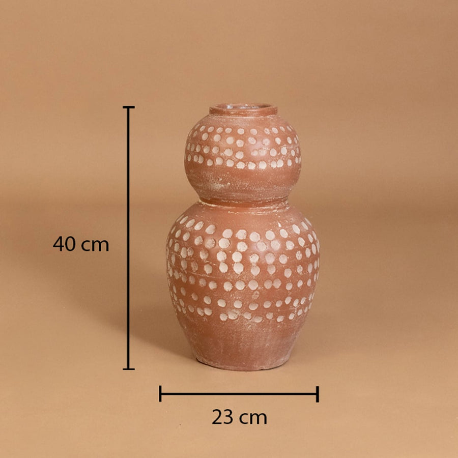 Brown terracotta polka dot decorative vase shown with 40 cm height and 23 cm width for accurate placement in modern home interior decor settings.
