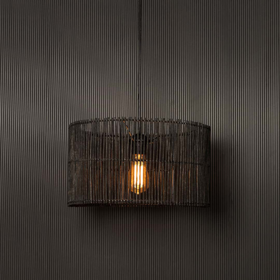 Orbit Rattan Pendant Lamp Light On Black Background
