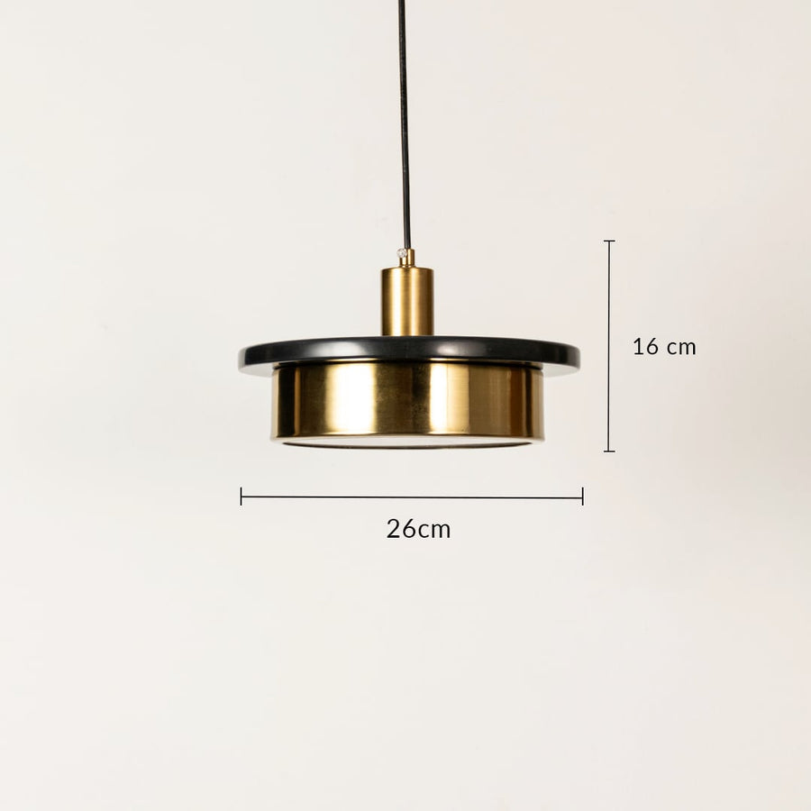 Black marble and gold metal pendant light dimension image with 26 cm width and 16 cm height for dining room placement.
