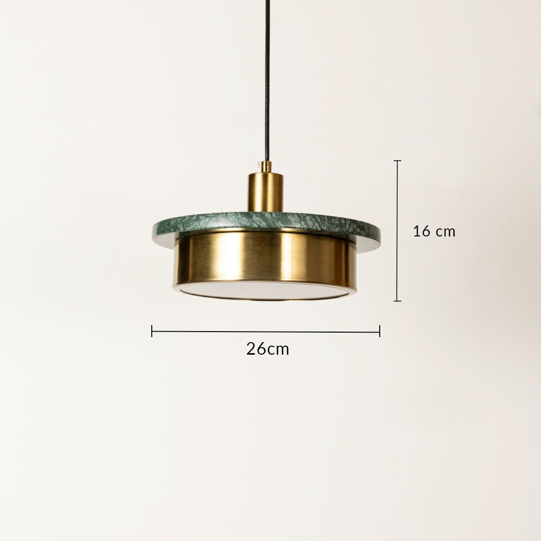 Green marble and gold metal pendant light dimension image with 26 cm width and 16 cm height for dining room placement.