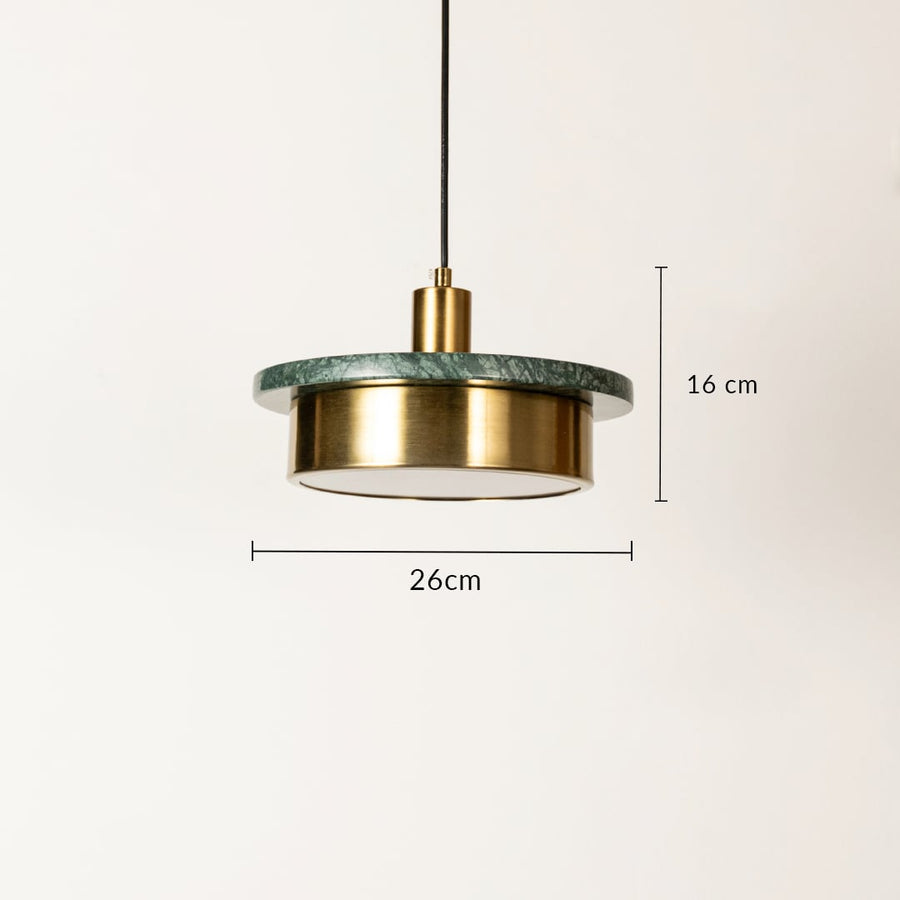 Green marble and gold metal pendant light dimension image with 26 cm width and 16 cm height for dining room placement.