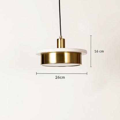 White marble and gold metal pendant light dimension image with 26 cm width and 16 cm height for modern dining placement.