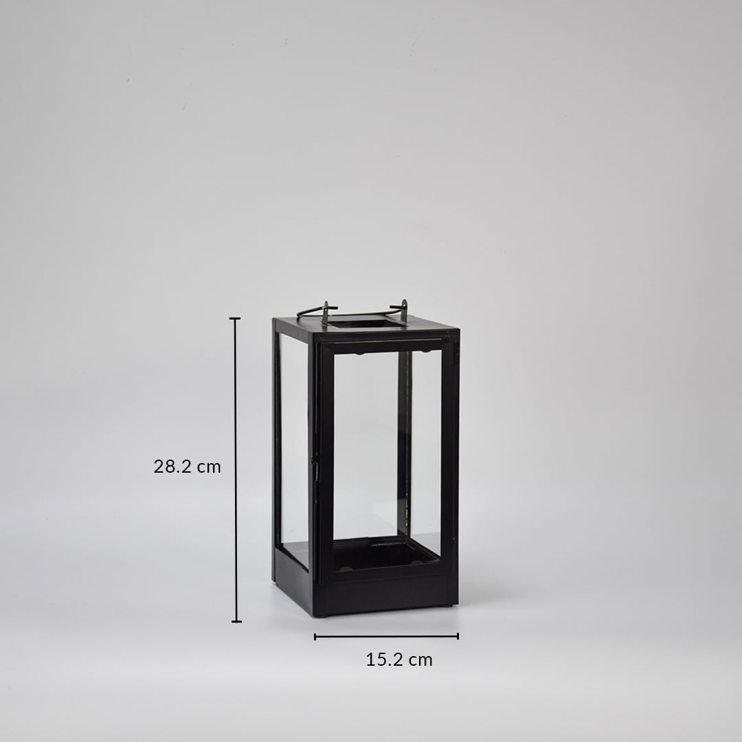 Rectangular black metal lantern displaying 35 cm height 15 cm width and 15 cm depth ideal for indoor or outdoor decorative lighting use.