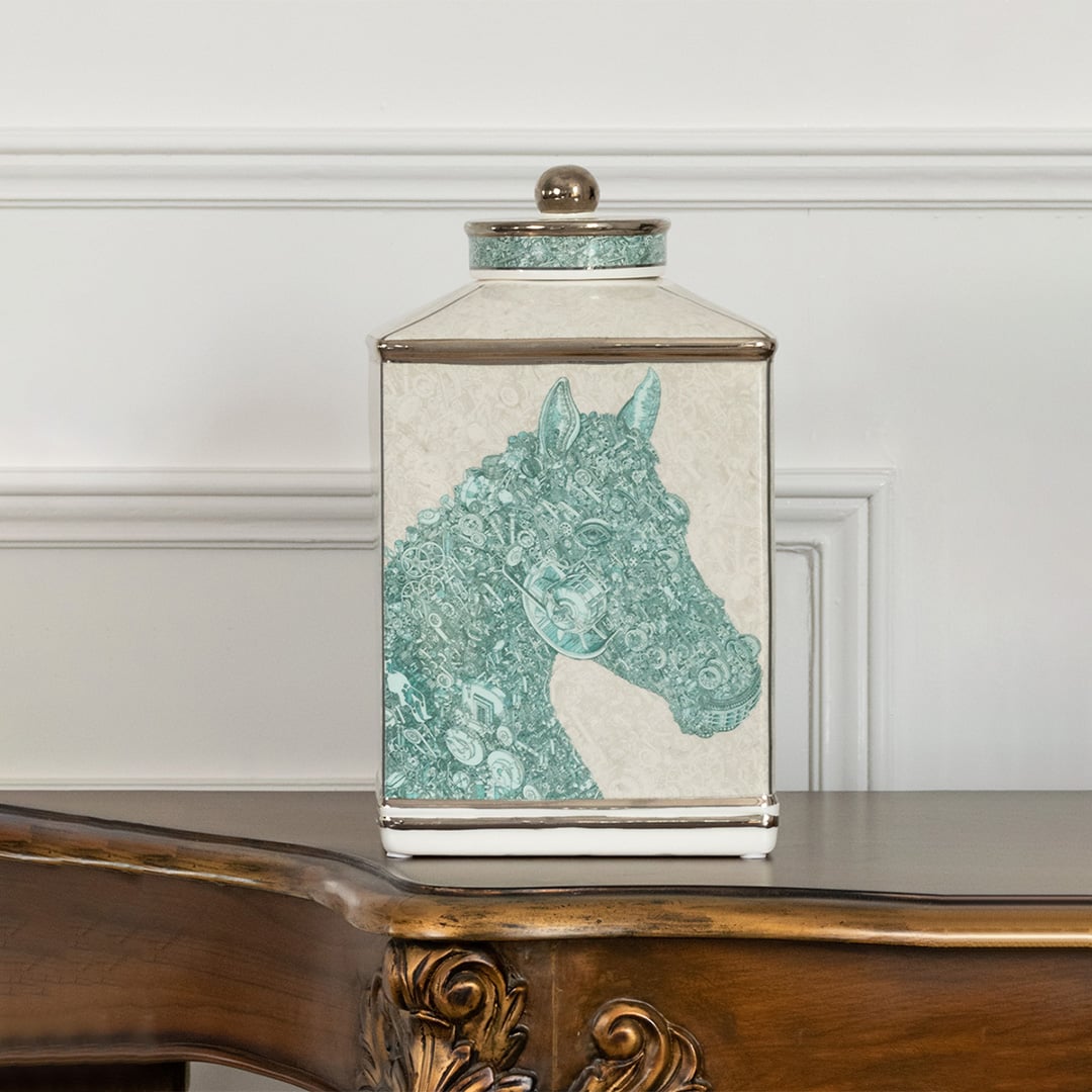 Ceramic jar featuring a green horse illustration with a clear closeup view showing artistic line details soft shading and handcrafted décor elements ideal for refined equestrian themed interiors.