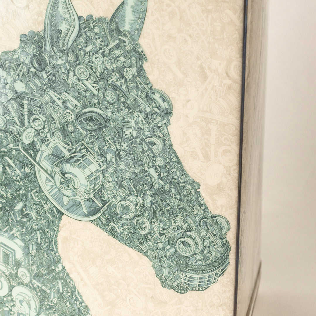 Closeup of turquoise horse artwork on a ceramic decorative jar showcasing premium craftsmanship and artistic detailing.