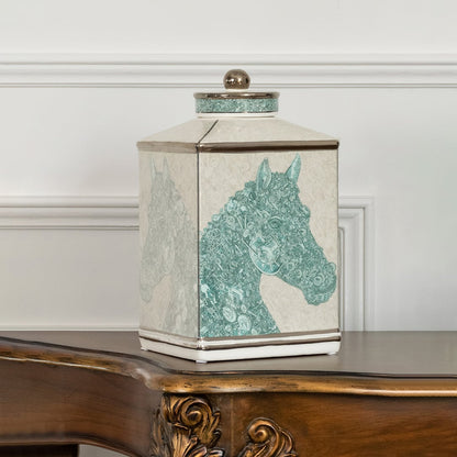 Ceramic jar featuring a green horse illustration ideal for equestrian décor adding artistic charm subtle color elegance and a handcrafted premium finish suitable for sophisticated home styling.