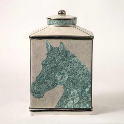 White ceramic decorative jar with turquoise horse artwork for elegant tabletop styling and modern home decor displays.