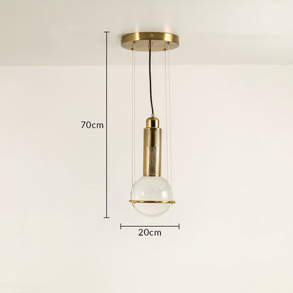 Pendant light shown with 70 cm height and 20 cm width featuring a frosted glass globe and detailed metal cylinder ideal for modern interior home decor illumination.