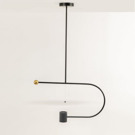 Black metal pendant light with curved arm design showcasing minimalist decorative lighting and contemporary styling.